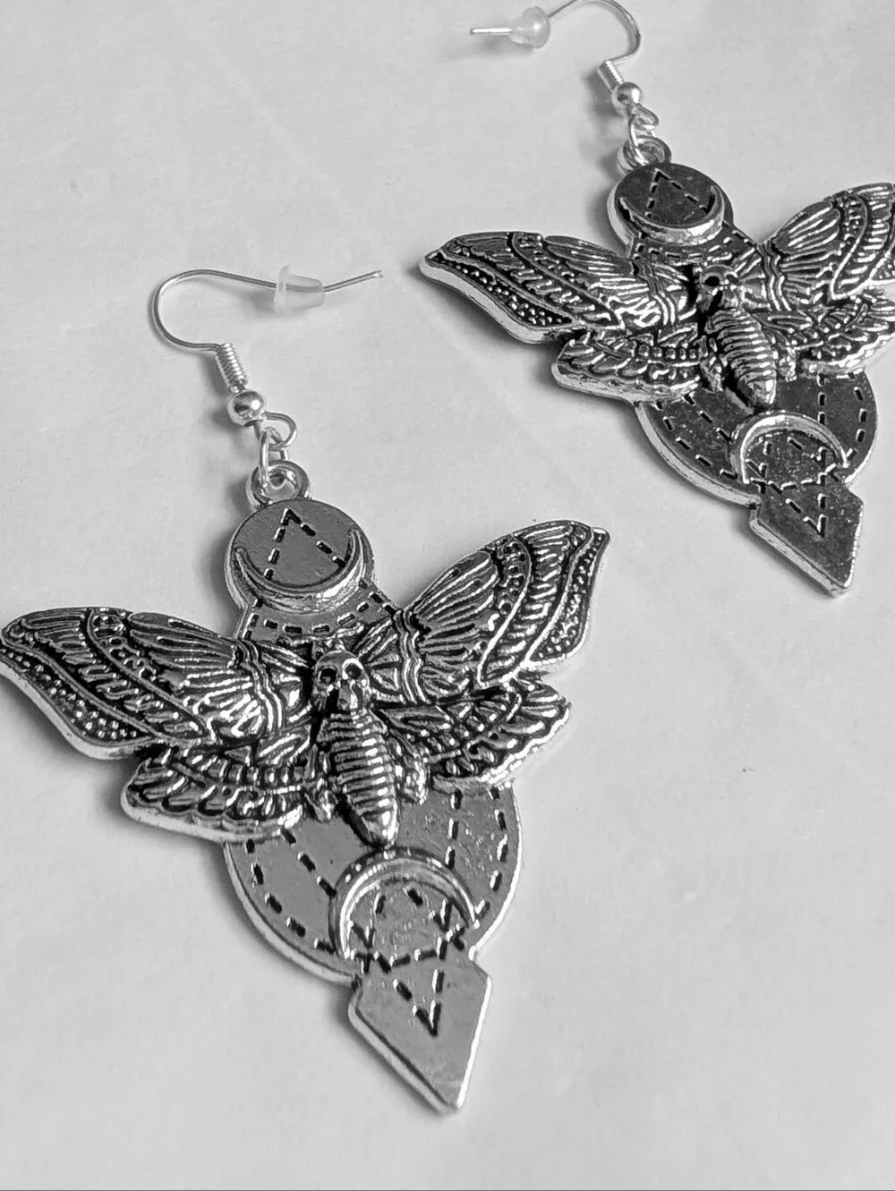 NWT Large Handmade Silver Lunar Death Moth Earrings